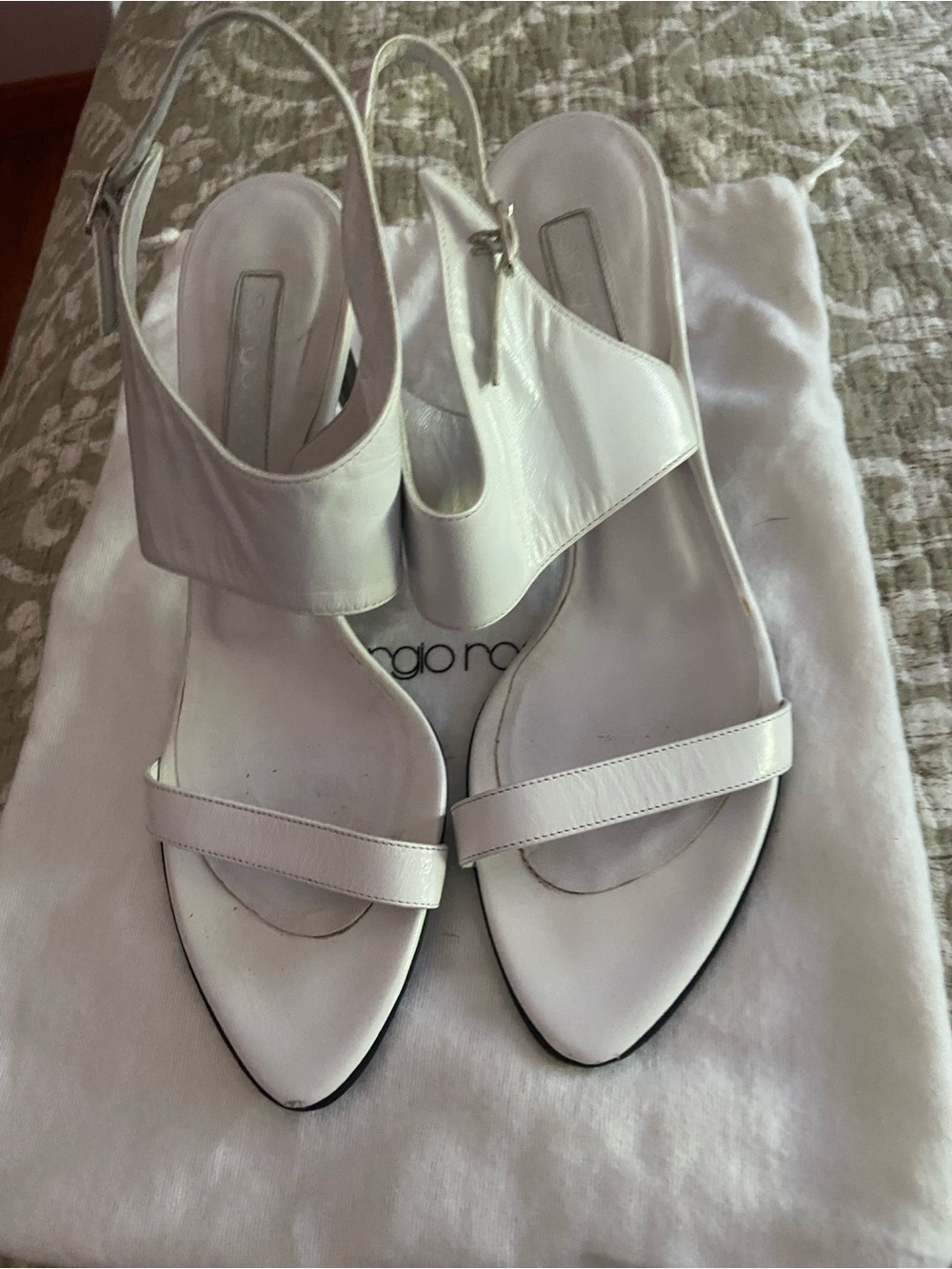 Pointed White Slingback Heels with Ankle Strap